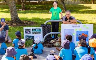 Local children engage with the Māra Hūpara playground design for Molley Green Reserve